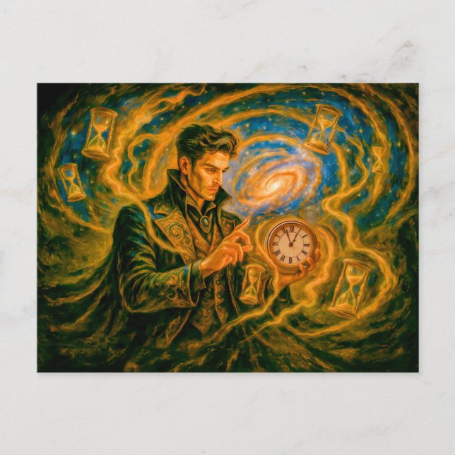 Time-bending mage in enchanted oil painting holiday postcard (Front)