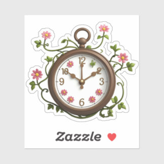 Time Blooms Sticker: Unique Clock & Floral Design