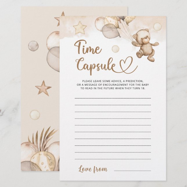 Time Capsule Baby Bear Baby Shower Game (Front/Back)
