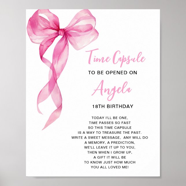 Time Capsule Pink Bow Girls 1st Birthday Poster (Front)