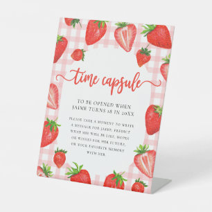 Time Capsule Pink Strawberry Gingham Birthday Pedestal Sign