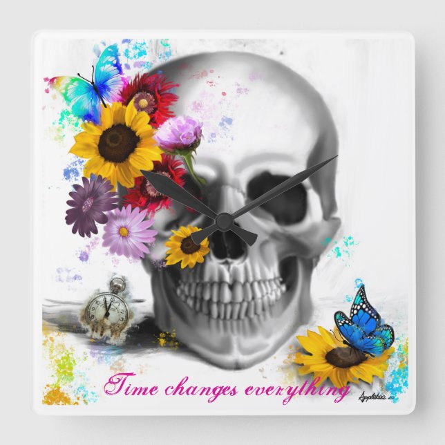 Time changes everything floral butterfly skull square wall clock (Front)