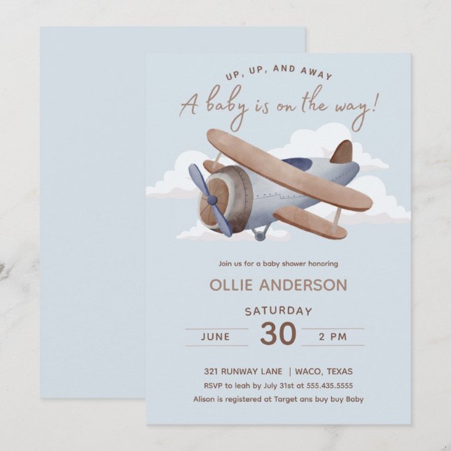 Time Flies Aeroplane Baby Shower Invitation (Front/Back)