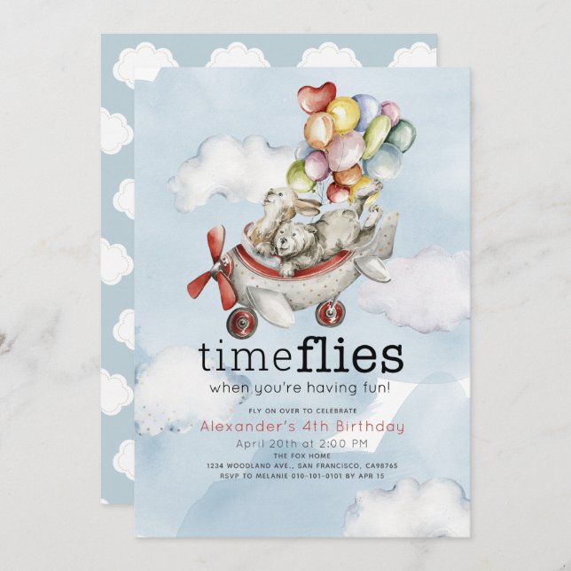Time Flies Aeroplane Balloons Bear & Bunny Birthda Invitation (Front/Back)