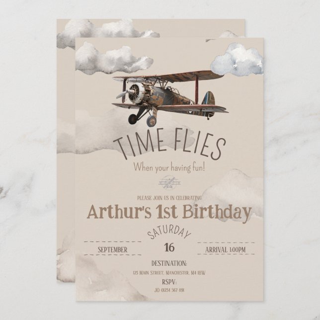 Time Flies Aeroplane Birthday Invitation (Front/Back)