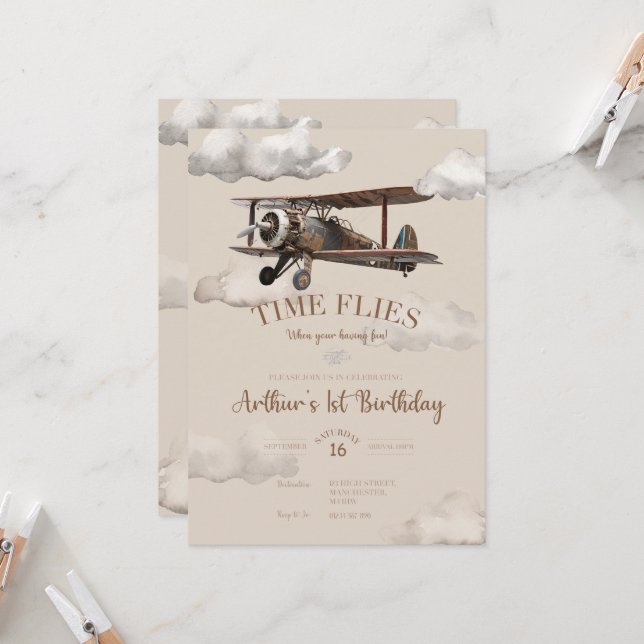Time Flies Aeroplane Birthday Invitation (Front/Back In Situ)