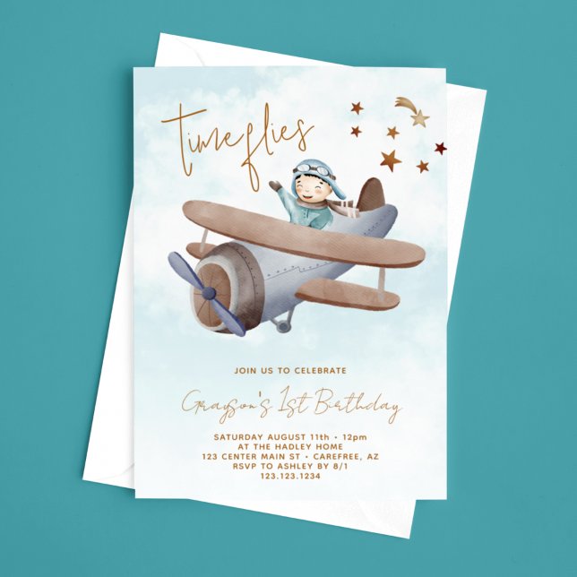Time Flies Aeroplane Blue 1st Birthday Invitation (Creator Uploaded)