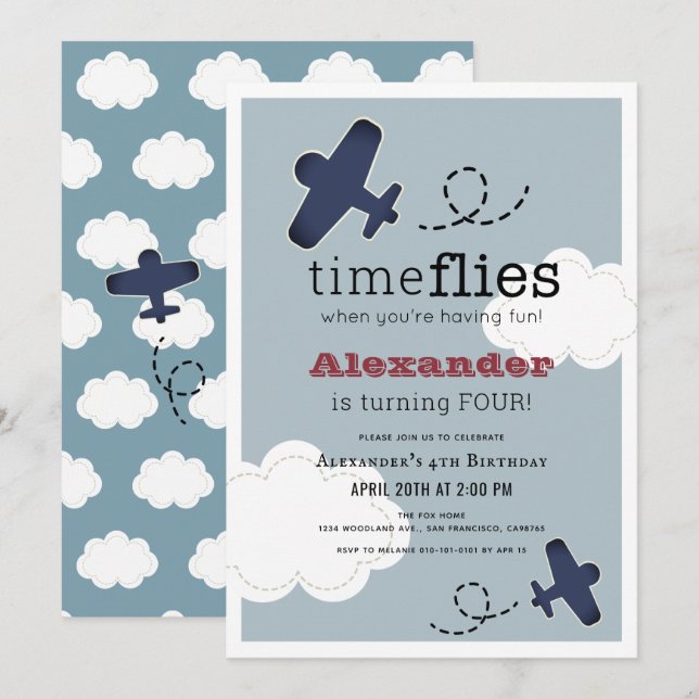 Time Flies Aeroplane Blue Boy Birthday Invitation (Front/Back)