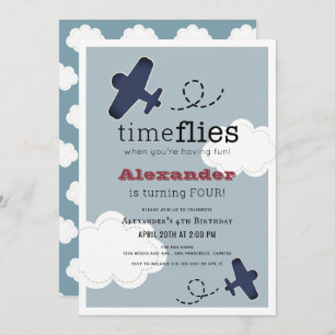 Time Flies Aeroplane Blue Boy Birthday Invitation