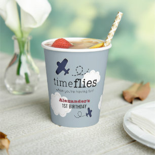 Time Flies Aeroplane Blue Boy Birthday Paper Cups
