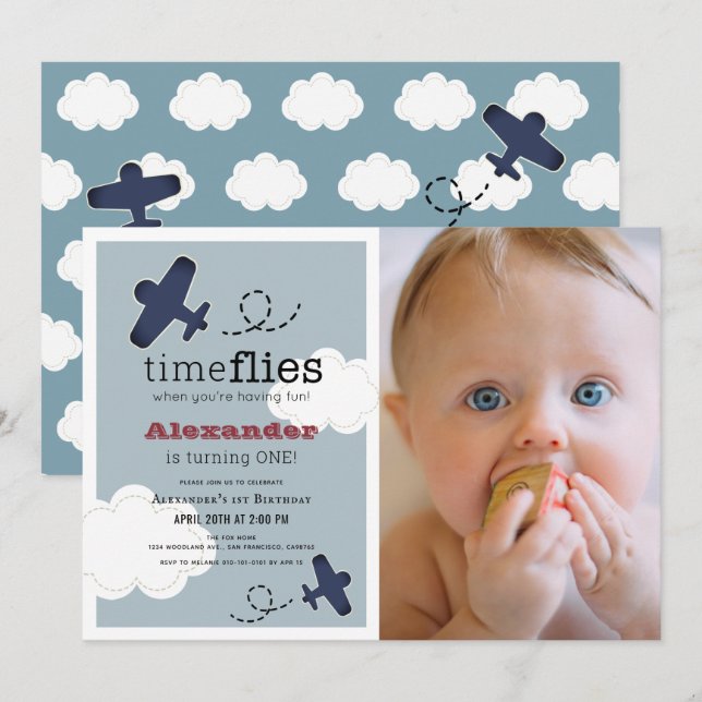Time Flies Aeroplane Blue Boy Photo1st Birthday Invitation (Front/Back)