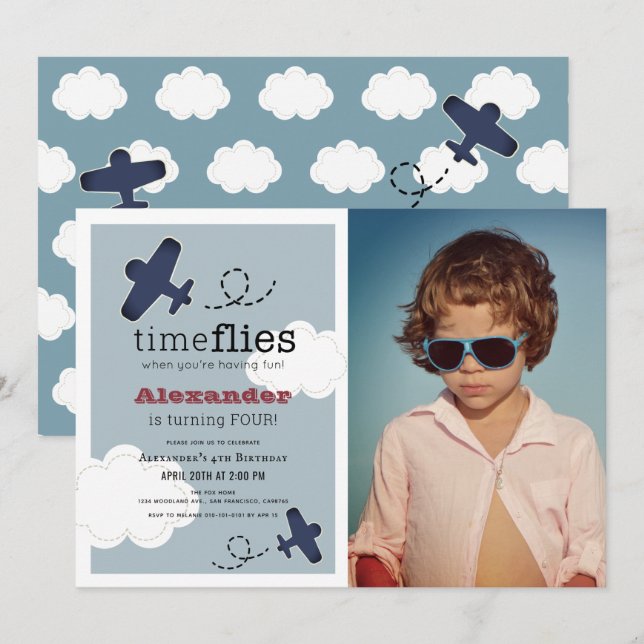 Time Flies Aeroplane Blue Boy Photo Birthday Invitation (Front/Back)