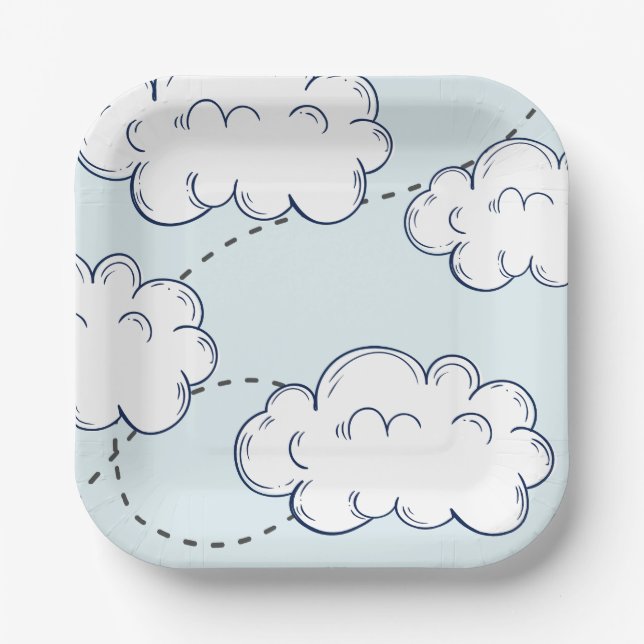 Time Flies Aeroplane Clouds Birthday Paper Plate (Front)