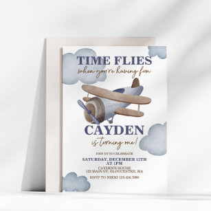Time Flies Aeroplane First Birthday Invitation