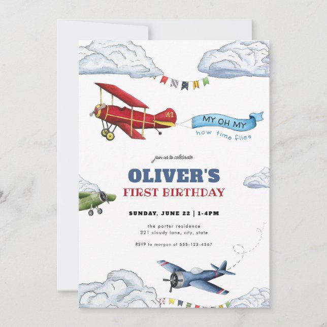Time Flies Aeroplane First Birthday Invitation (Front)