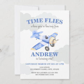 Time Flies Aeroplane First Birthday Invite
