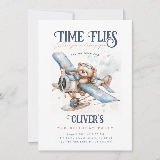 Time Flies Aeroplane Teddy Bear Vintage Birthday Invitation (Front)