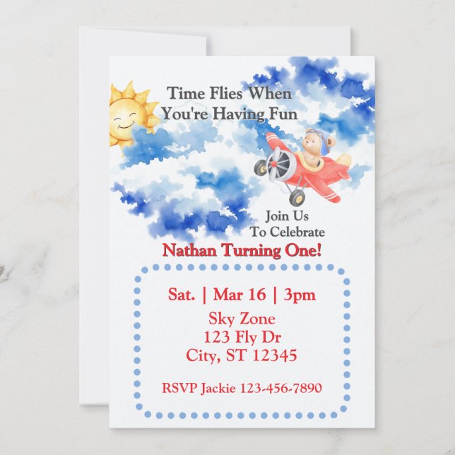 Time Flies, Airplane Bear 1st Birthday Invitation (Front)