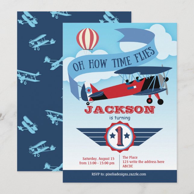 Time Flies, Aviation, World Traveller, 1st Birthda Invitation (Front/Back)