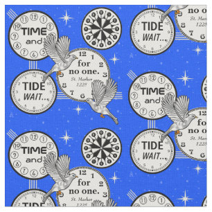 Time Flies - Birds and Clocks - Bright Blue Fabric
