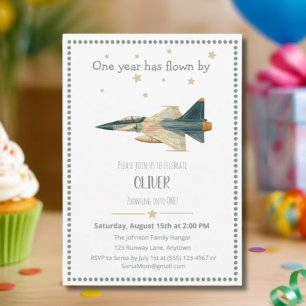 Time Flies fighter jet Aeroplane Boy First Birthda Invitation