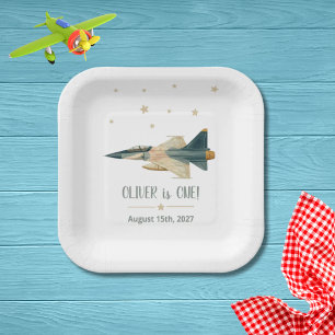 Time Flies Fighter Jet Aeroplane Boy First Birthda Paper Plate
