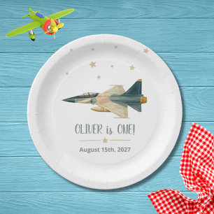 Time Flies Fighter Jet Aeroplane Boy First Birthda Paper Plate