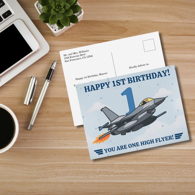 Time Flies fighter jet Aeroplane Boy First Birthda Postcard (Creator Uploaded)
