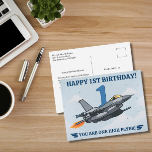 Time Flies fighter jet Aeroplane Boy First Birthda Postcard