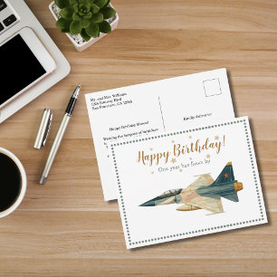 Time Flies fighter jet Aeroplane Boy First Birthda Postcard