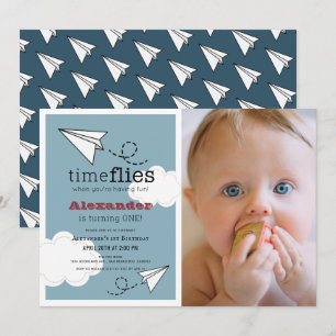Time Flies Paper Plane Blue Boy Photo1st Birthday Invitation
