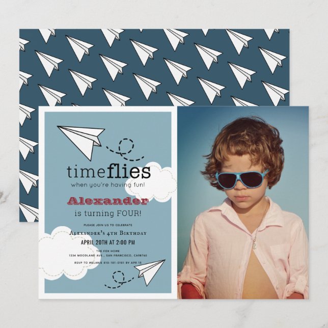 Time Flies Paper Plane Blue Boy Photo Birthday Invitation (Front/Back)