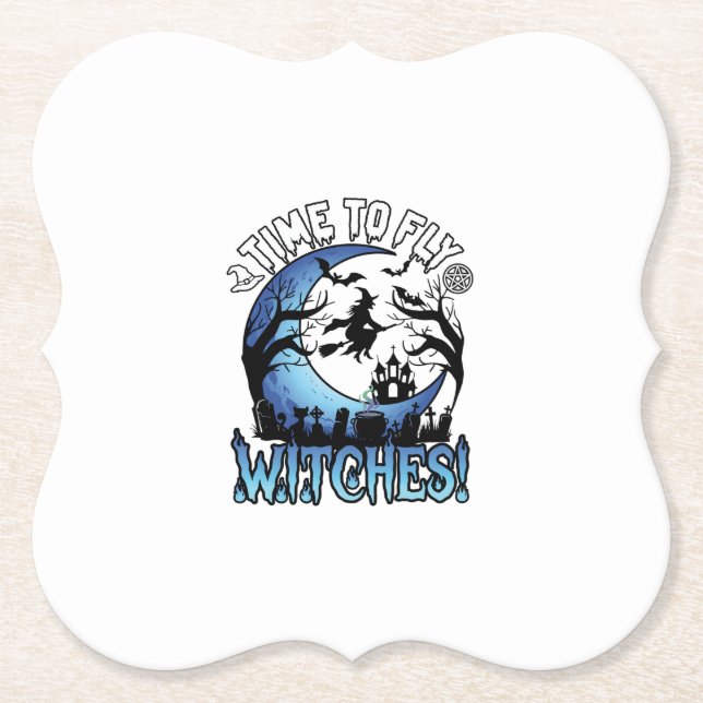 Time Fly Witches Halloween Flying Witch Crescent M Paper Coaster (Front)