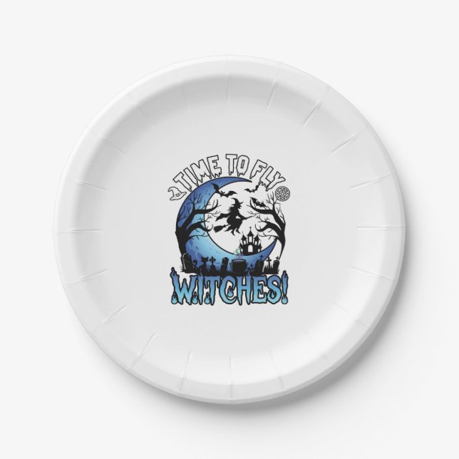 Time Fly Witches Halloween Flying Witch Crescent M Paper Plate (Front)