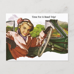 Time for a Road Trip retro vintage woman in car Holiday Postcard