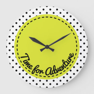 "Time for Adventure" Dots Black & White Clock