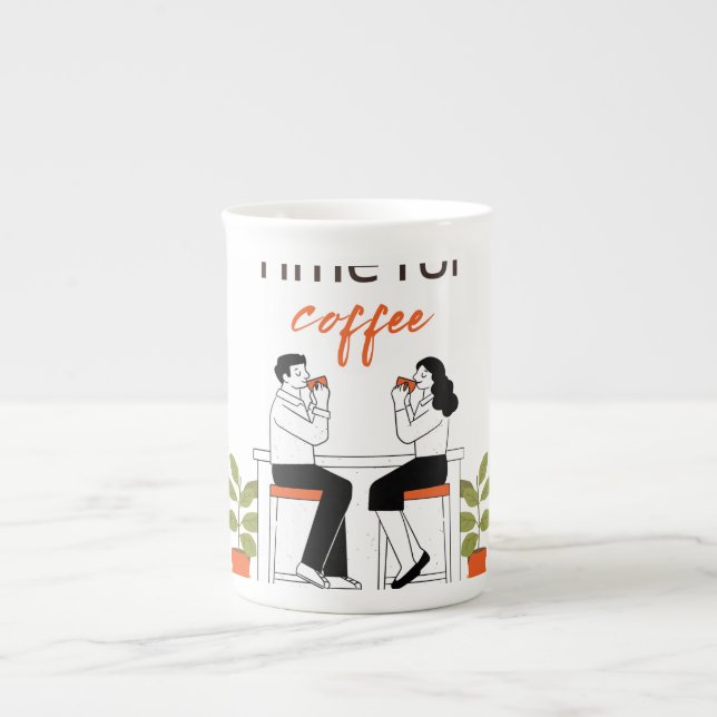 Time for Coffee Cute Couple Illustratio Mug, 15 oz Bone China Mug (Front)