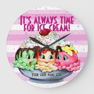 Time for ice cream.hand painted.pink.dot.stripes large clock