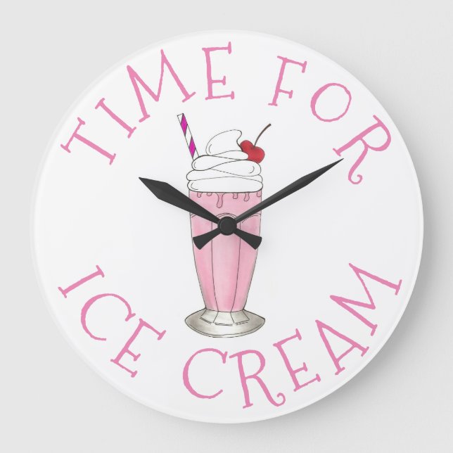 Time For Ice Cream Pink Strawberry Shake Milkshake Large Clock (Front)