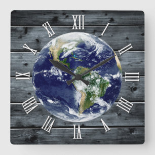 Time for Planet Earth, trendy Rustic Wood Square Wall Clock