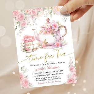 Time for Tea Baby Shower Girl Gold Pink Floral Invitation