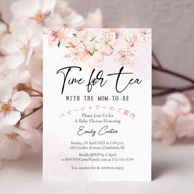 Time for Tea Baby Shower Pink Floral Sakura Flower Invitation (Creator Uploaded)