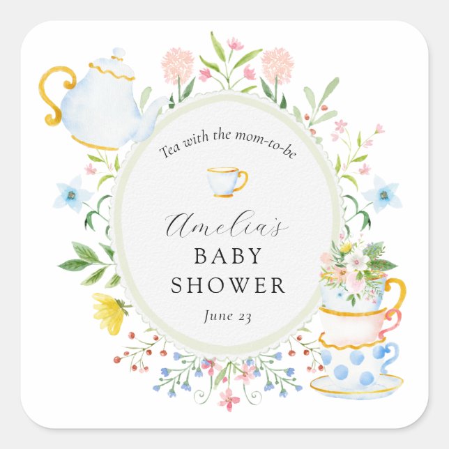 Time for Tea Baby Shower Wildflower Square Sticker (Front)