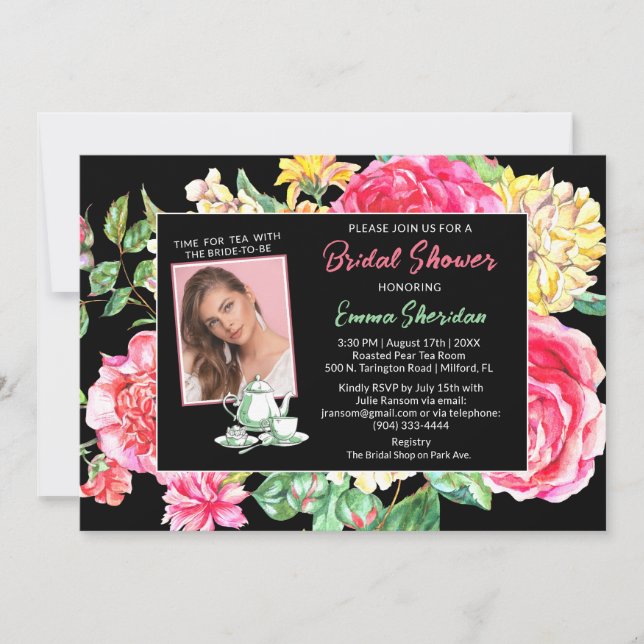 Time for Tea Black Floral w/ Photo Bridal Shower Invitation (Front)