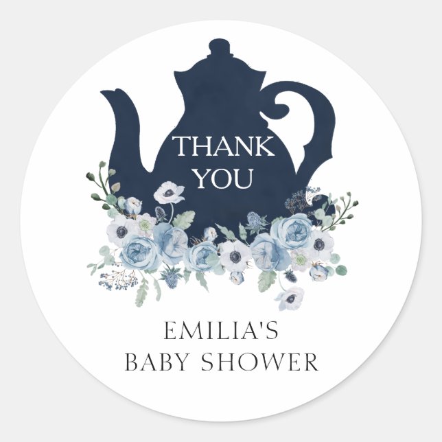 Time for Tea Blue Baby Shower Thank you Classic Round Sticker (Front)