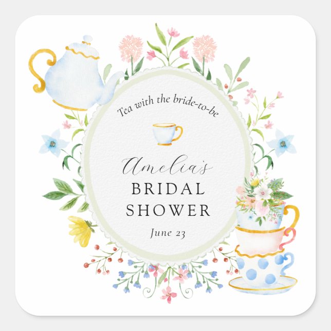 Time for Tea Bridal Shower Wildflower Square Sticker (Front)
