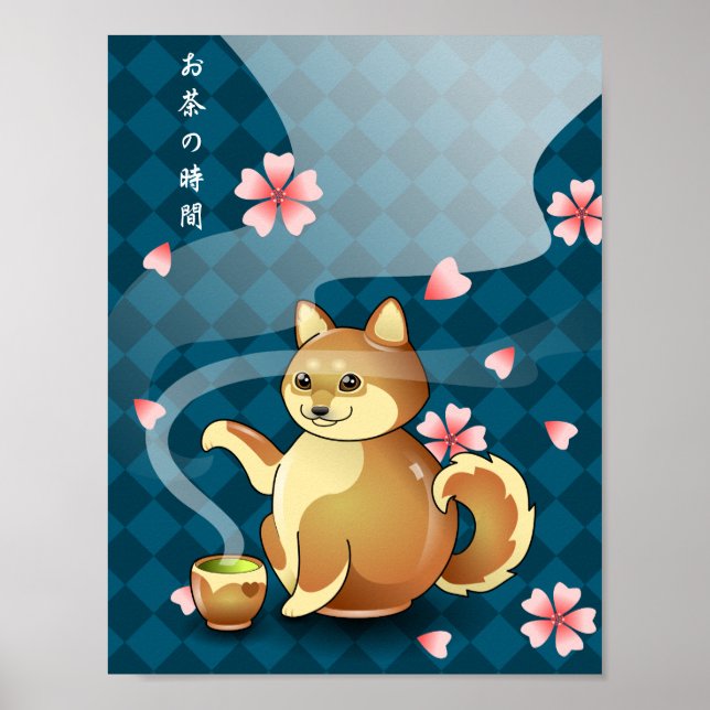 Time for Tea Chibi Shiba Inu Teapot Kanji Poster (Front)