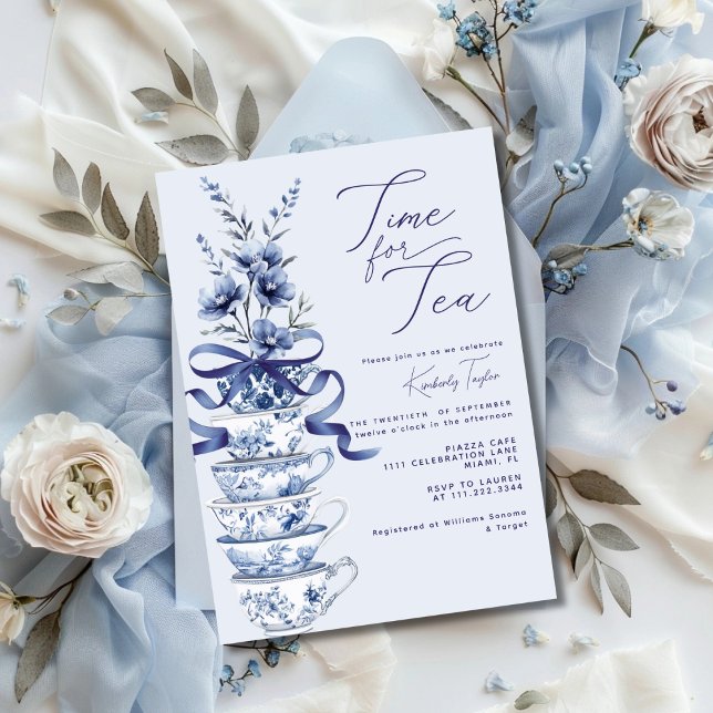 Time for Tea Chinoiserie Blue Bow Bridal Shower Invitation (Creator Uploaded)