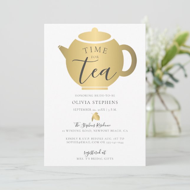Time for Tea Elegant Minimalist Gold Bridal Shower Invitation (Standing Front)