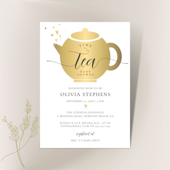 Time for Tea Elegant Modern Gold Heart Baby Shower Invitation (Creator Uploaded)